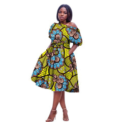 African Ankara Printed Fabric Women's Strapless Loose Dress Sexy Waistband Bubble Sleeve Dress 2425079