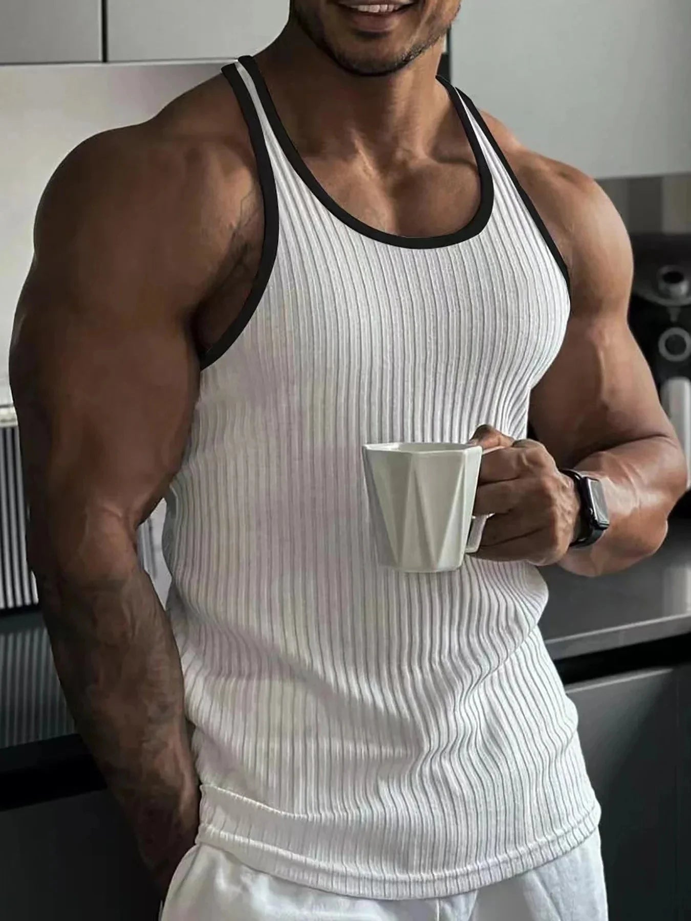 Men's quick-dry sleeveless gym tank top with vertical stripes by Showlu Fashion, made for active workouts and athletic wear.