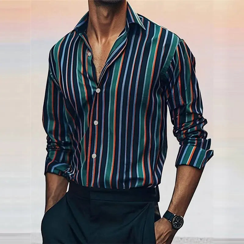 Men's striped casual shirt by Showlu Fashion Store, outdoor long sleeve with lapel, button closure, soft and comfortable fabric.