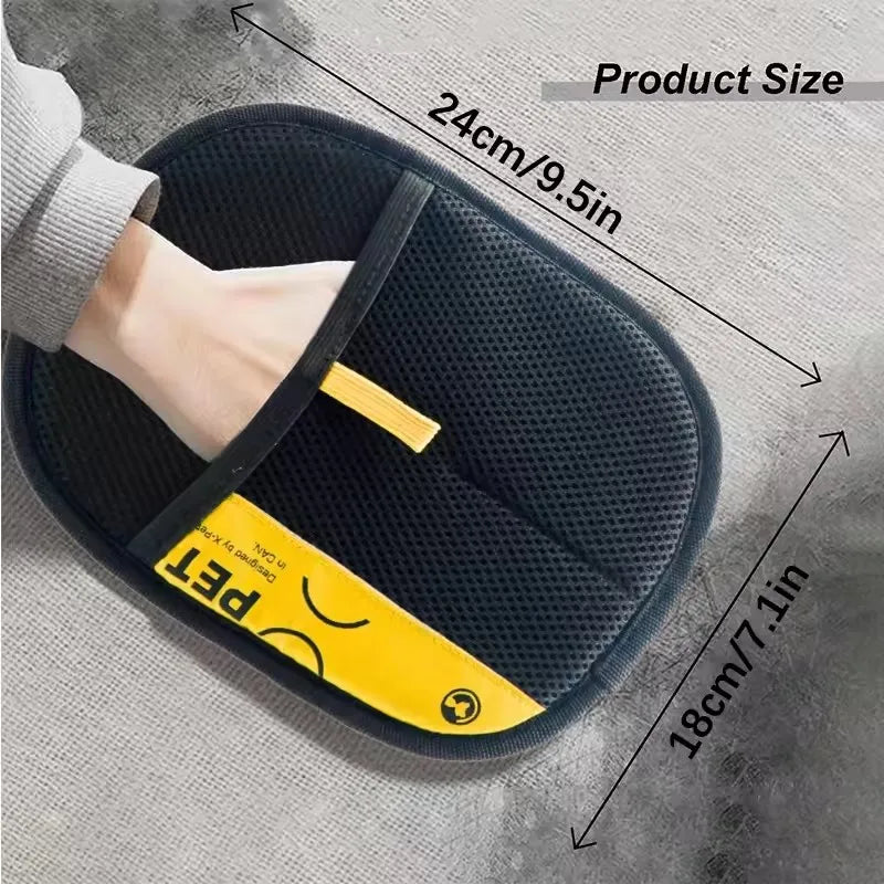 Showlu Pet Hair Remover Gloves and lint roller for grooming pets and removing lint from clothing, shown on a pet owner’s hand.