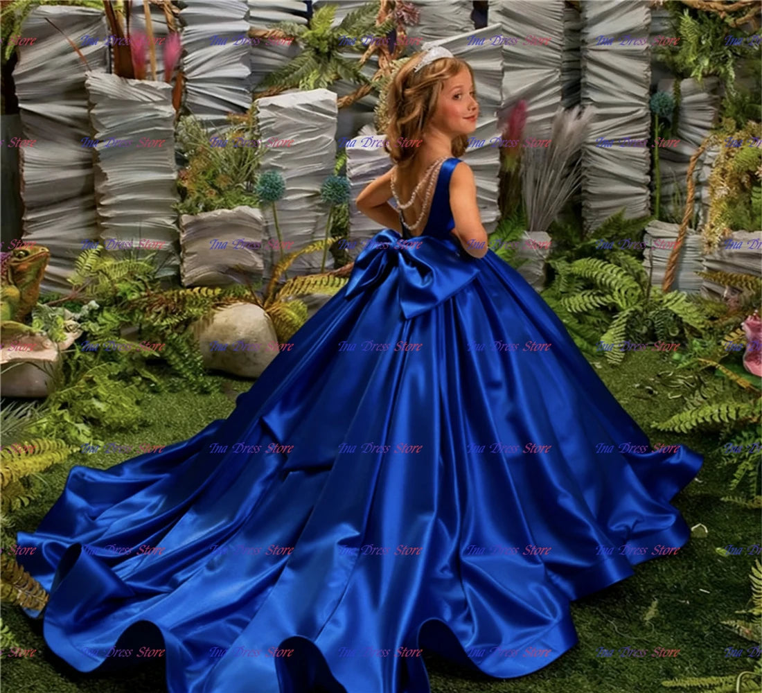 Elegant Red Flower Girl Dress Quality Satin Fluffy Pearl Princess Ball Beauty Little Girls Birthday Party Evening Ball Gowns