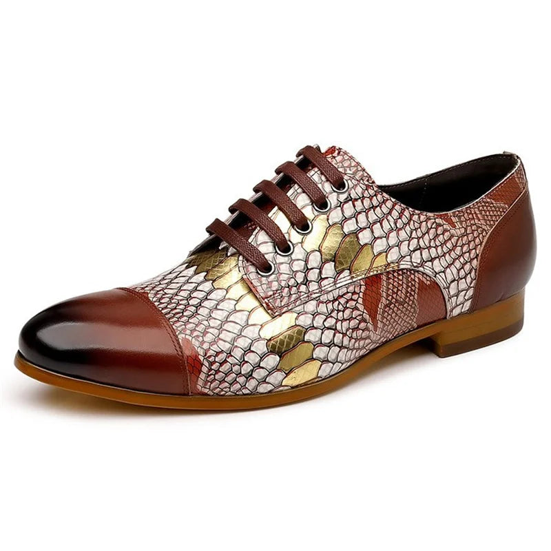 Luxury men's genuine leather snake pattern business shoes with laces, stylish formal and casual office footwear by Showlu Fashion Store.