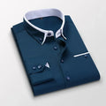 Men's long sleeve twill dress shirt with solid and striped patterns, slim fit, suitable for business and casual office wear.