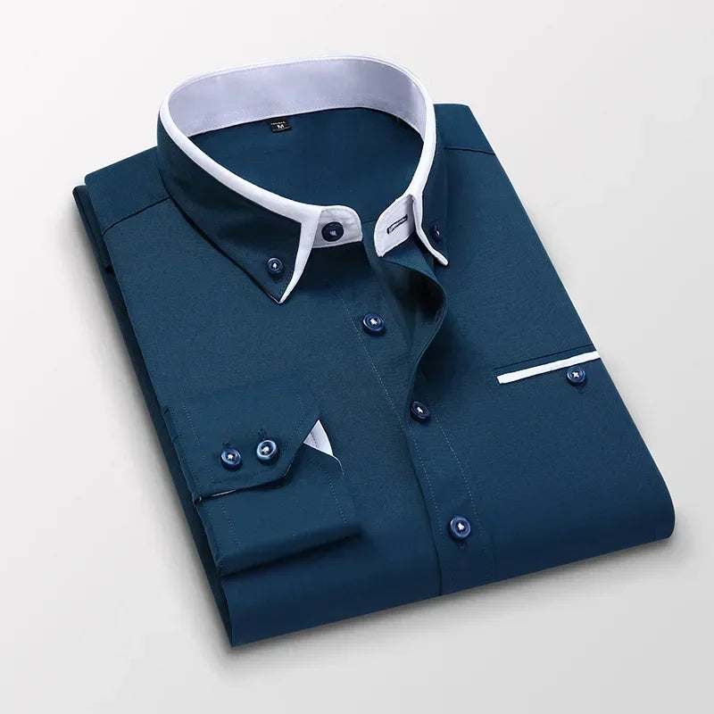 Men's long sleeve twill dress shirt with solid and striped patterns, slim fit, suitable for business and casual office wear.