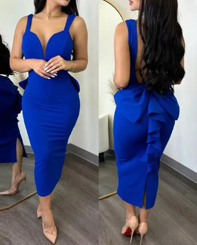 SHOWLU Women's sexy plunge ruffle hem backless party dress, mid-calf length, elegant and stylish for special occasions.