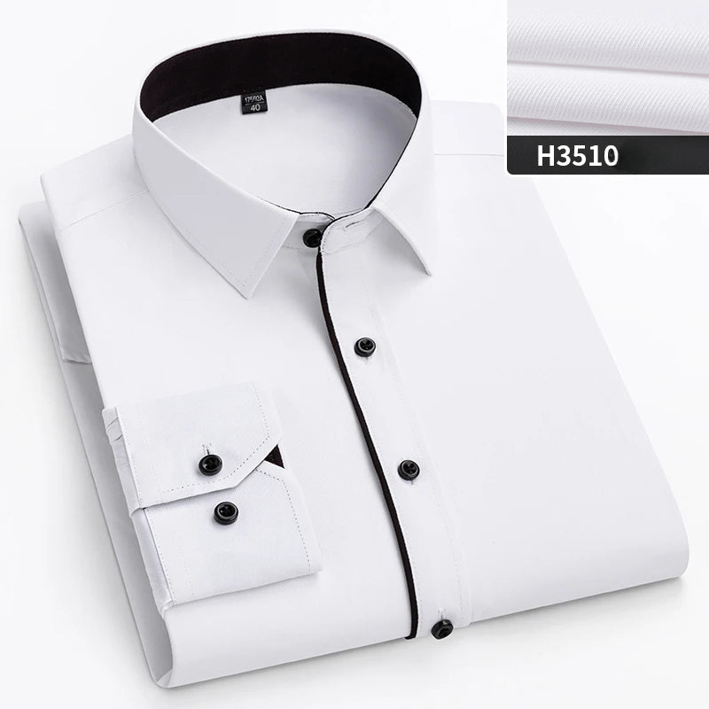 Plus size men's slim fit formal shirt with double collar, long sleeves, solid plain design, suitable for office or business wear