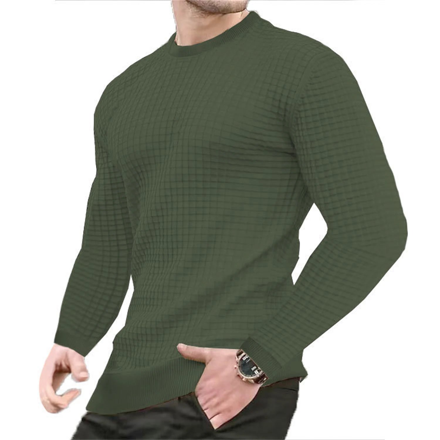 Men's fashion check hoodie with waffle fabric and round neck, featuring small jacquard check pattern in a stylish design.