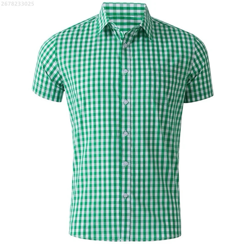 Men's short-sleeved Hawaiian plaid shirt in red and blue, casual breathable streetwear, non-iron, available in XS-6XL