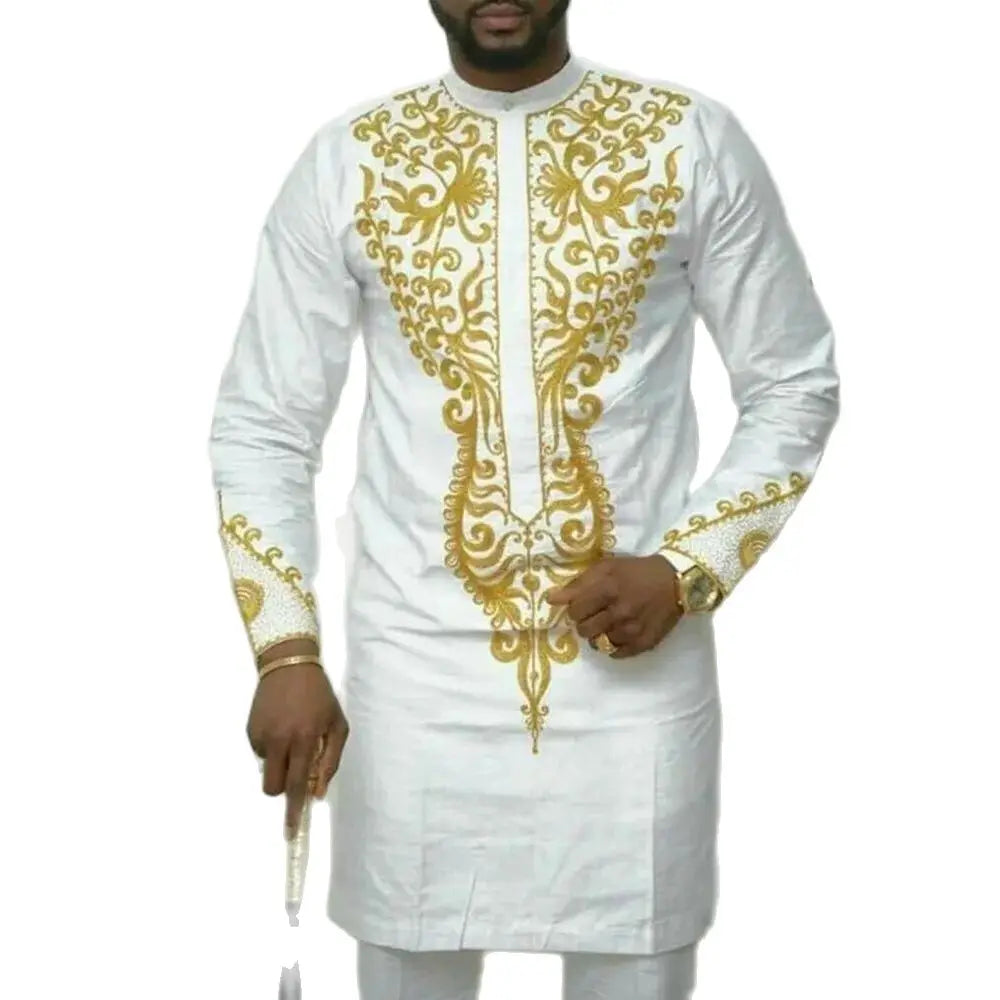 White men's Kaunda suit by Showlu Fashion Store, traditional African 2-piece cotton set with detailed embroidery and classic fit.