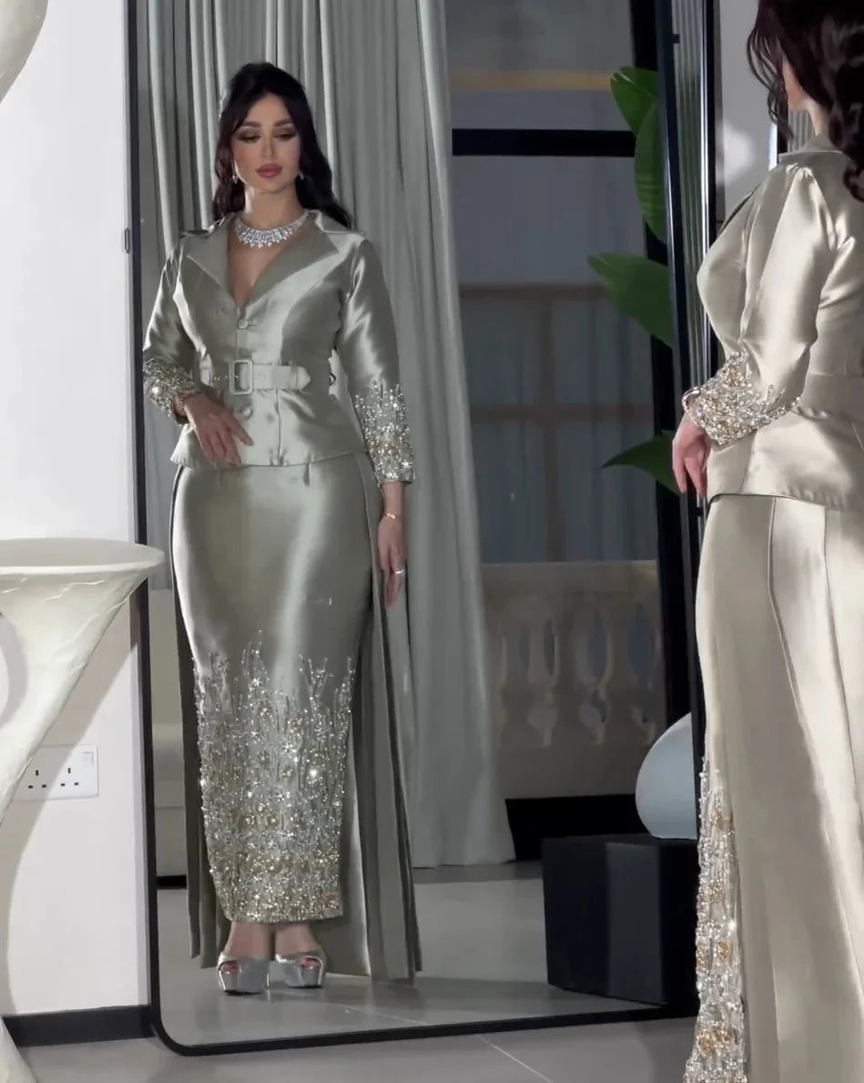 Superkimjo silver grey sheath prom dress with beaded V-neck, evening gown from SHOWLU FASHION STORE.