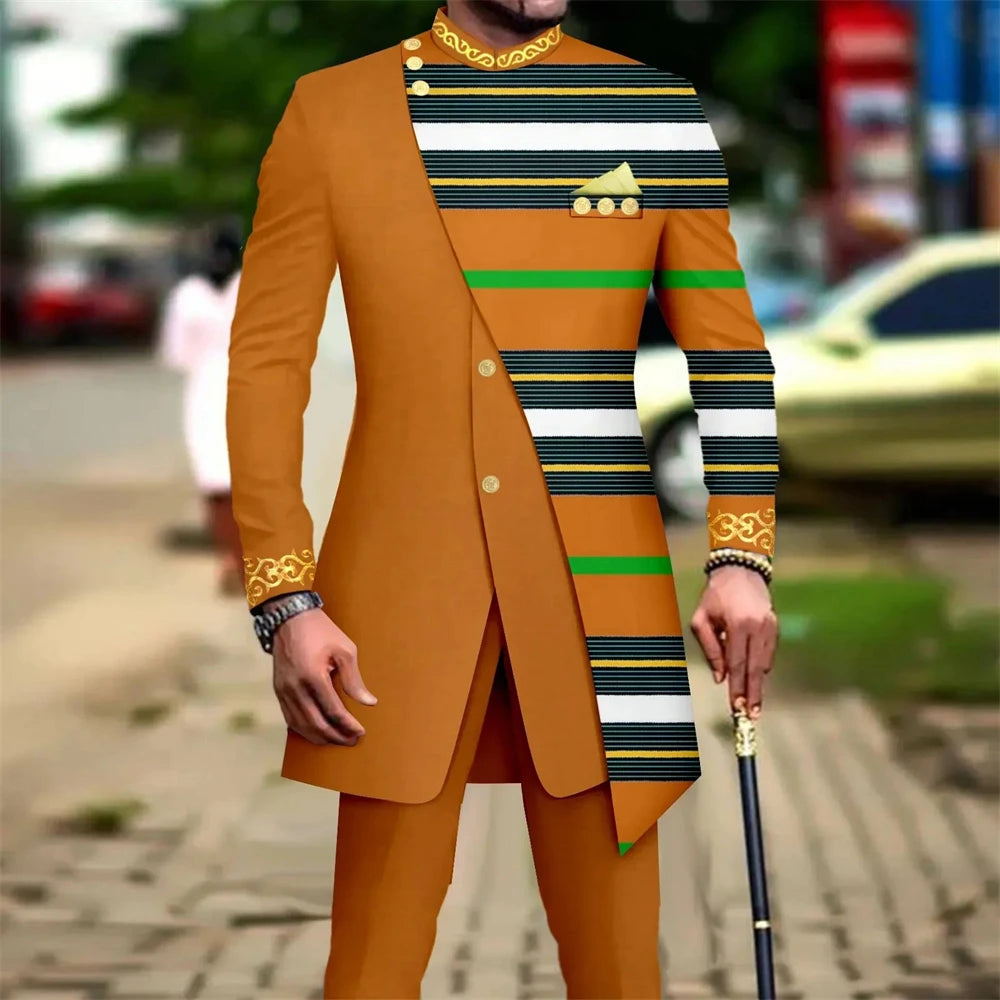 New African Suits for Men Embroidery Print Blazer and Pants Set Business Dress Suit with Kerchief Party Wedding Evening