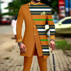 New African Suits for Men Embroidery Print Blazer and Pants Set Business Dress Suit with Kerchief Party Wedding Evening