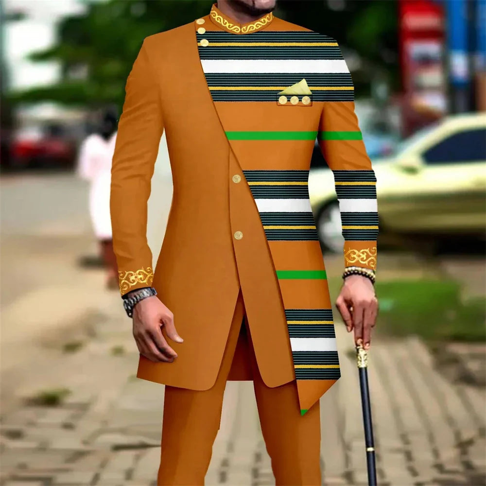 SHOWLU Men's African embroidery print suit, 2-piece slim fit wedding set with detailed embroidered design and tailored fit.