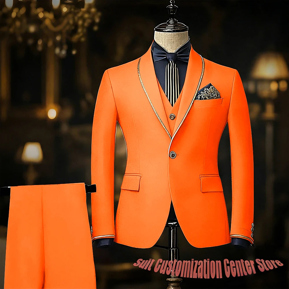 Navy blue men's slim fit tuxedo suit with jacket, vest, and pants featuring shawl lapel, ideal for weddings and formal events.