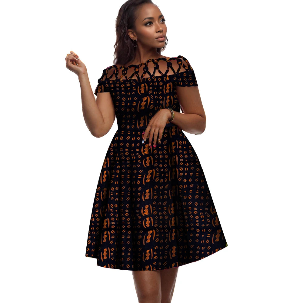 BintaRealWax African Dresses for Women Cotton Rope Weaving Collar African Print Wax Clothing Knee-Length Lady Dress WY335