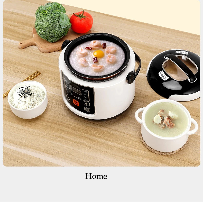 Mini electric rice cooker by Showlu Smart General, 2L capacity, portable design with 200W power, shown in a sleek black finish.