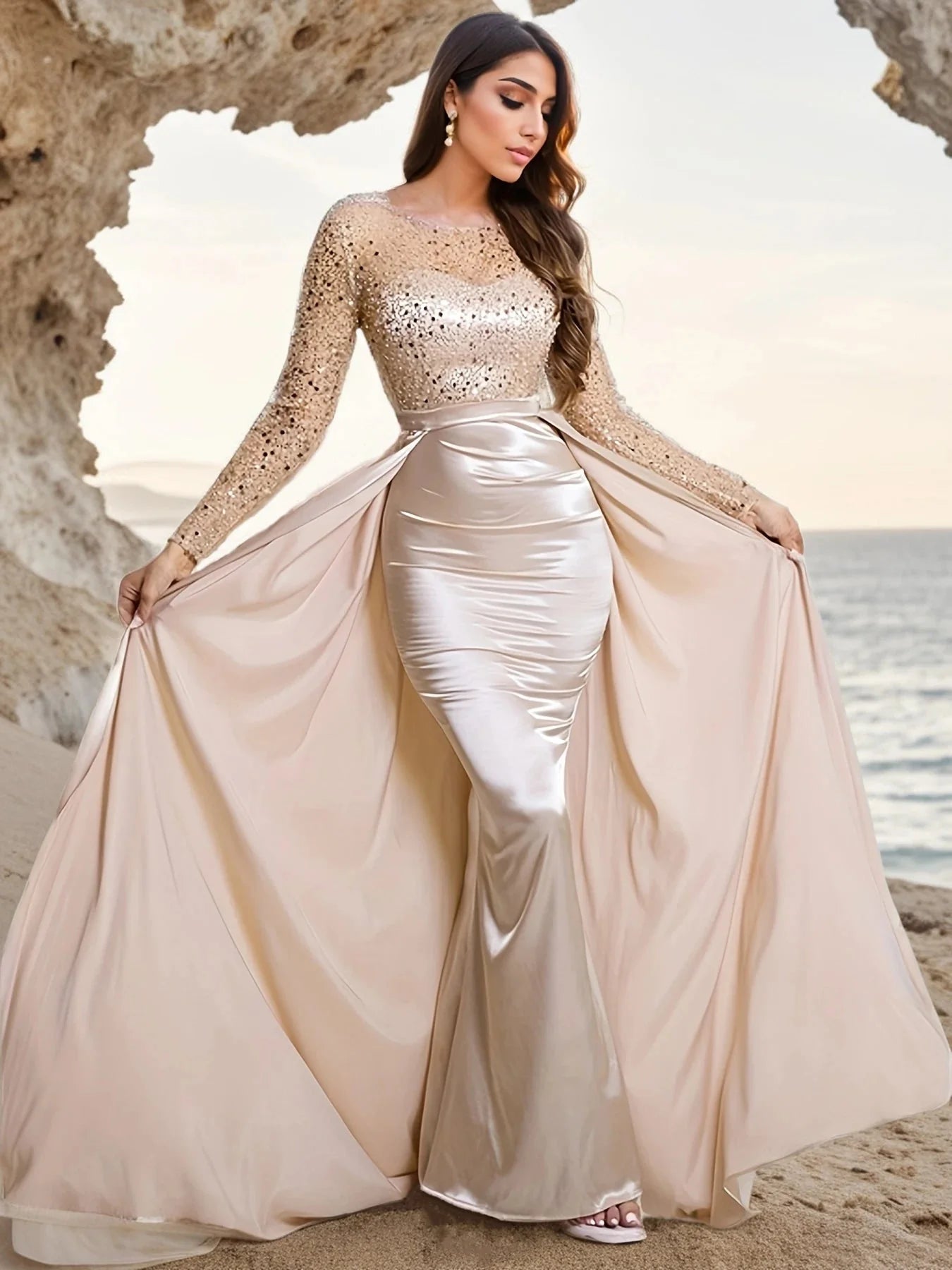 Showlu Fashion Sequined Mermaid Evening Dress with Detachable Train, featuring sparkling embellishments and a fitted silhouette.