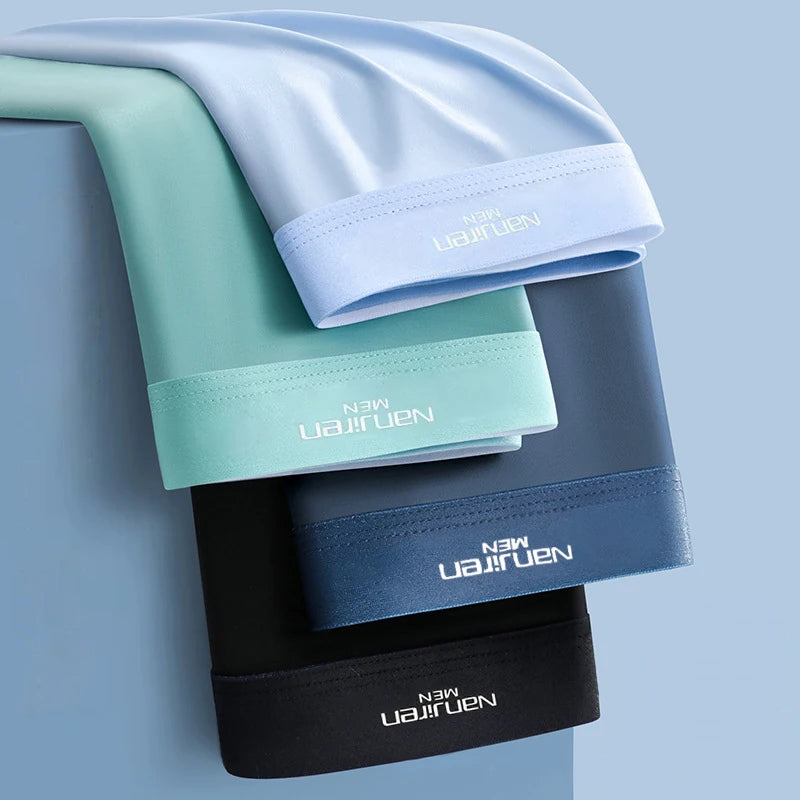Showlu Men's Ice Silk Boxer Shorts in a 4-pack, breathable underwear in size L to 6XL, shown in the image.