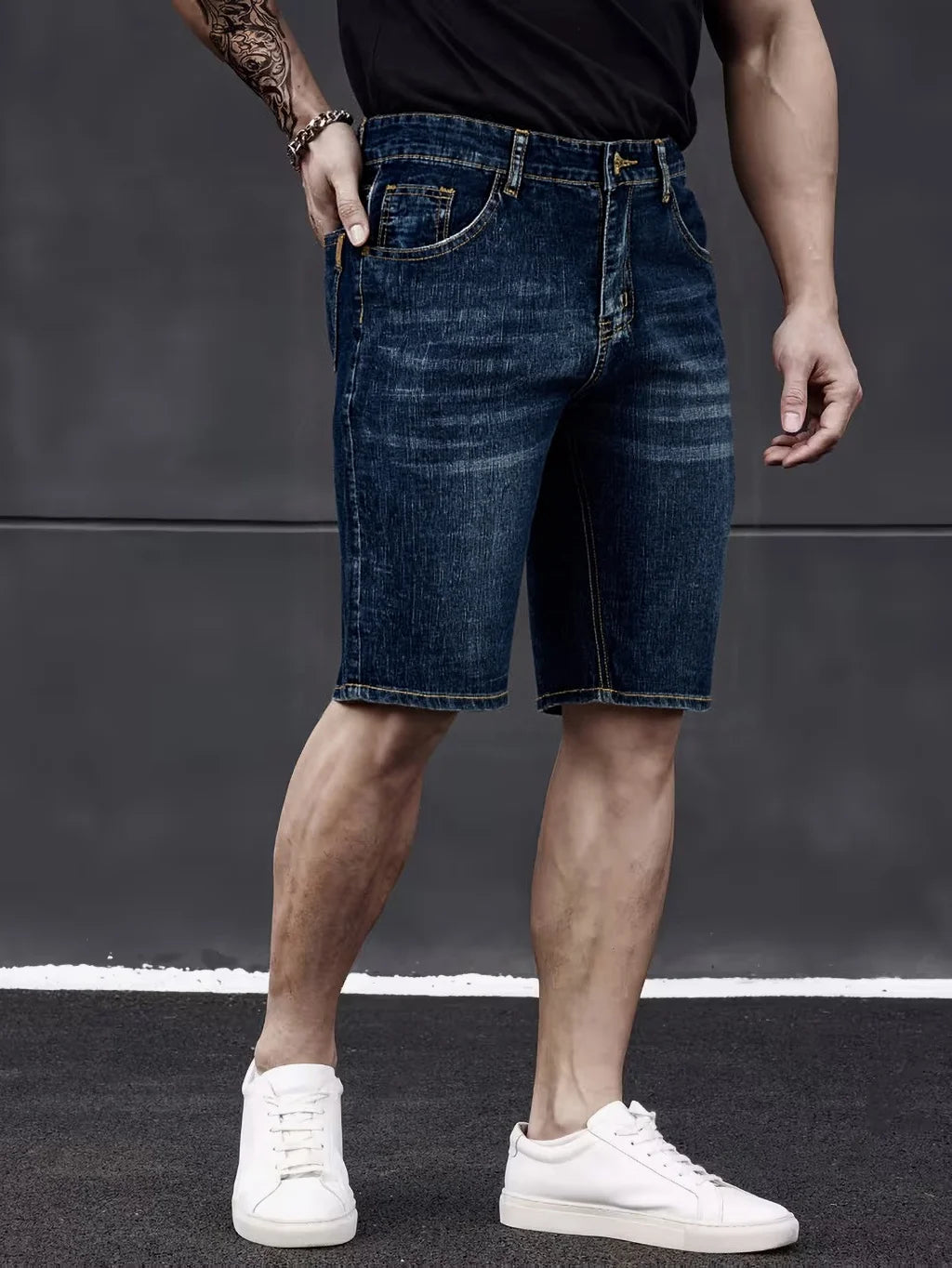Slim fit men's denim shorts in classic style, featuring stretch fabric and casual design, size 40, by Showlu Fashion Store.