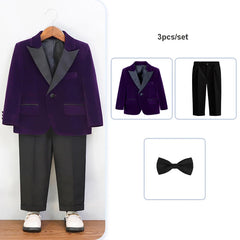 Autumn Boys Red Velvet Suit Set Children Birthday Party Wedding Host Piano Performance Costume Kids Blazer Pants Bowtie Outfit