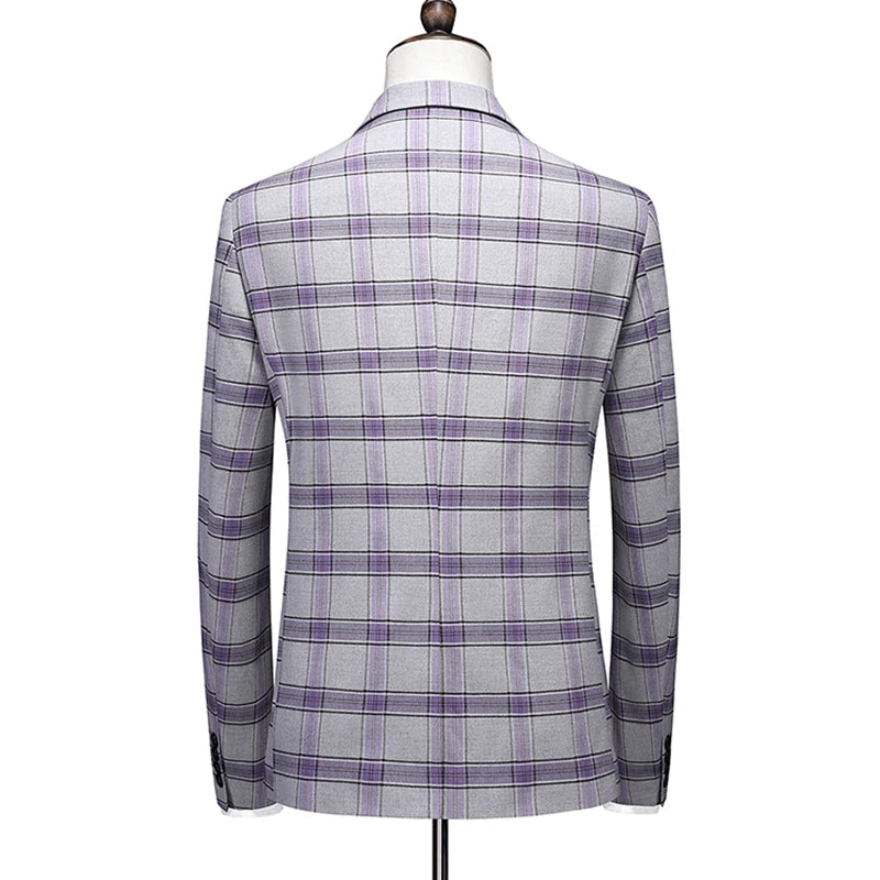 Men's High-End Plaid Three-Piece Suit Set European American Fashion Wedding Business Style Vest Trousers Included