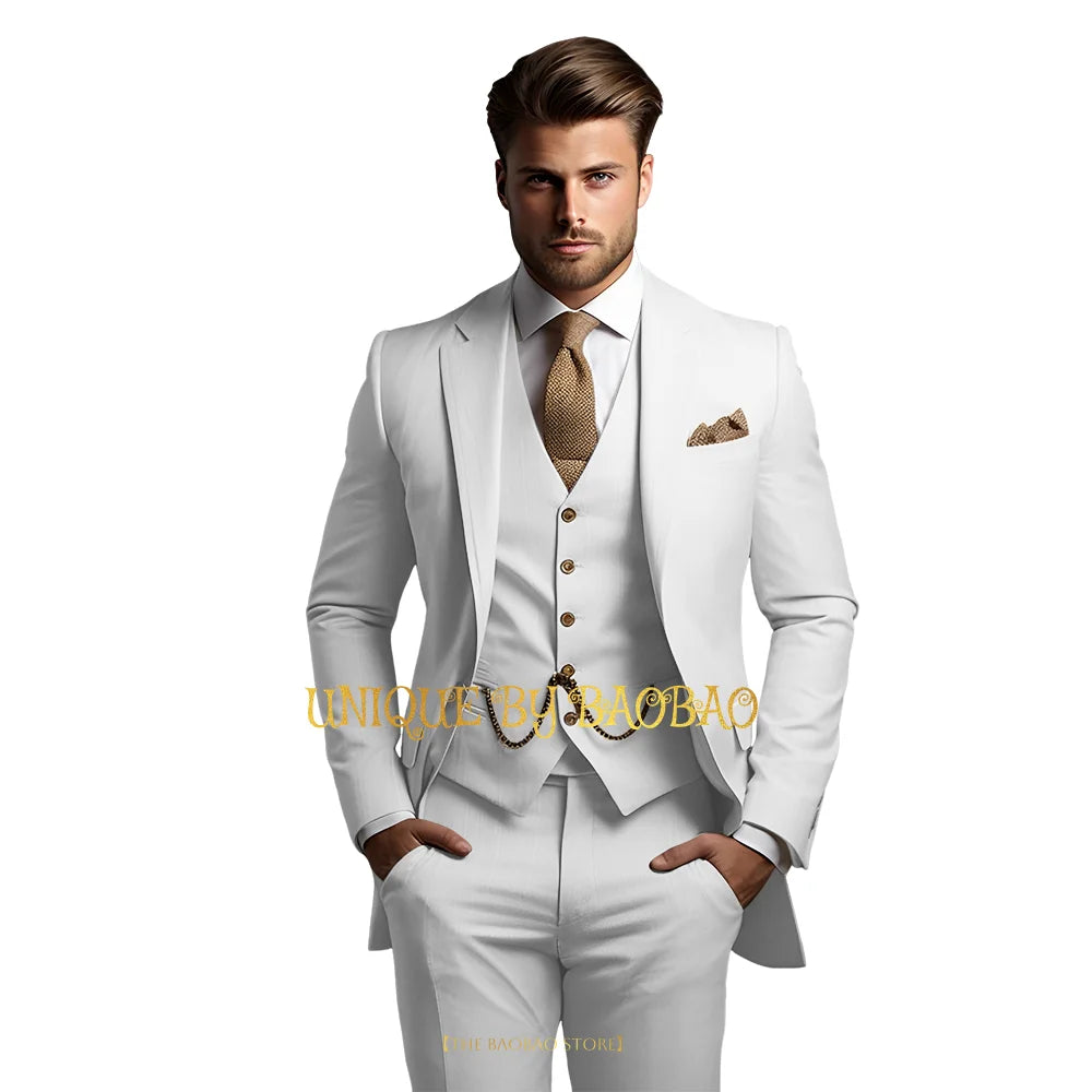 Men's grey 3-piece suit with jacket, vest, and trousers, stylish wedding and event attire by Showlu Fashion Store.