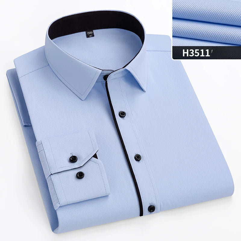 Plus size men's formal plain shirt by Showlu Fashion Store, slim fit, long-sleeve, solid color, suitable for office or business wear.