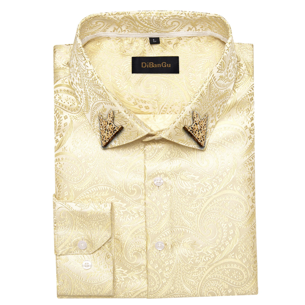 Men's patterned brocade shirt with gold crown collar accents, elegant formal wear for luxury galas and weddings.