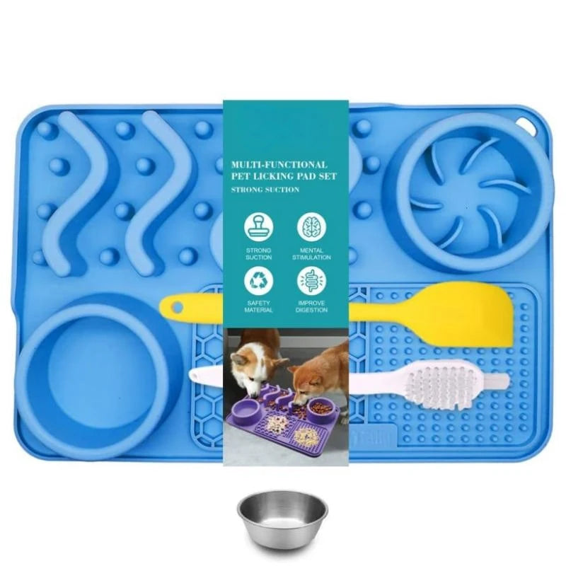 Showlu Fashion Store slow feeder pet mat in turquoise silicone with aluminum bowl, designed for anxiety and boredom relief.