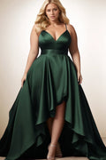 Elegant plus size evening dress for women with spaghetti straps, pleated A-line design, V-neck, and irregular hem for summer events.