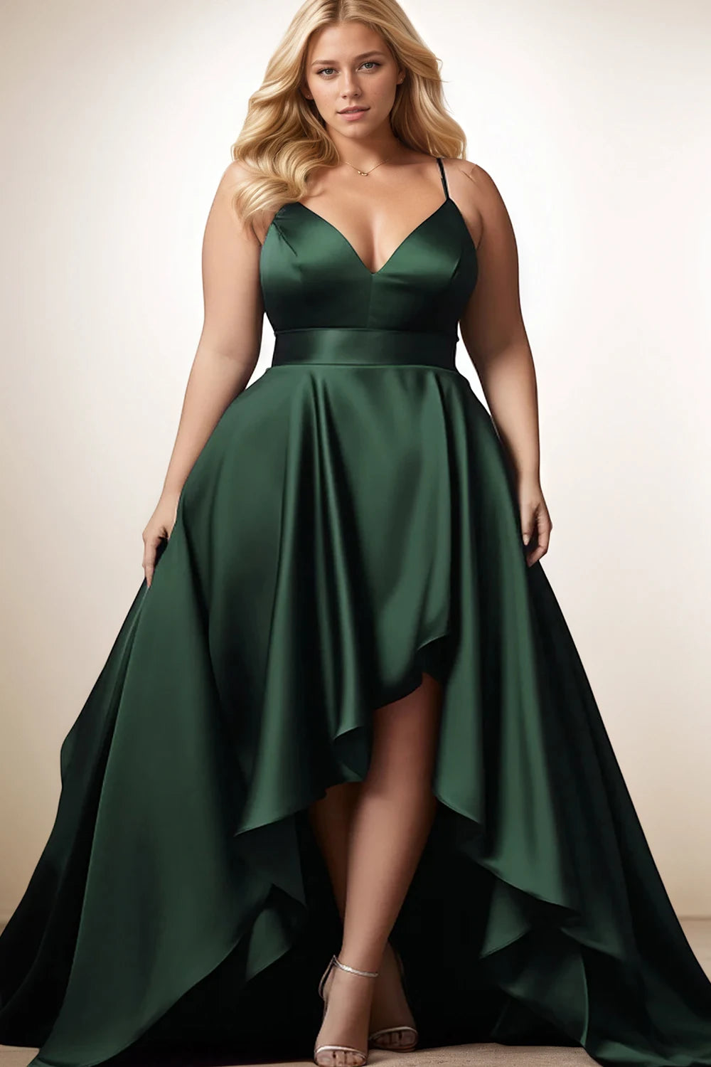 Elegant plus size evening dress for women with spaghetti straps, pleated A-line design, V-neck, and irregular hem for summer events.