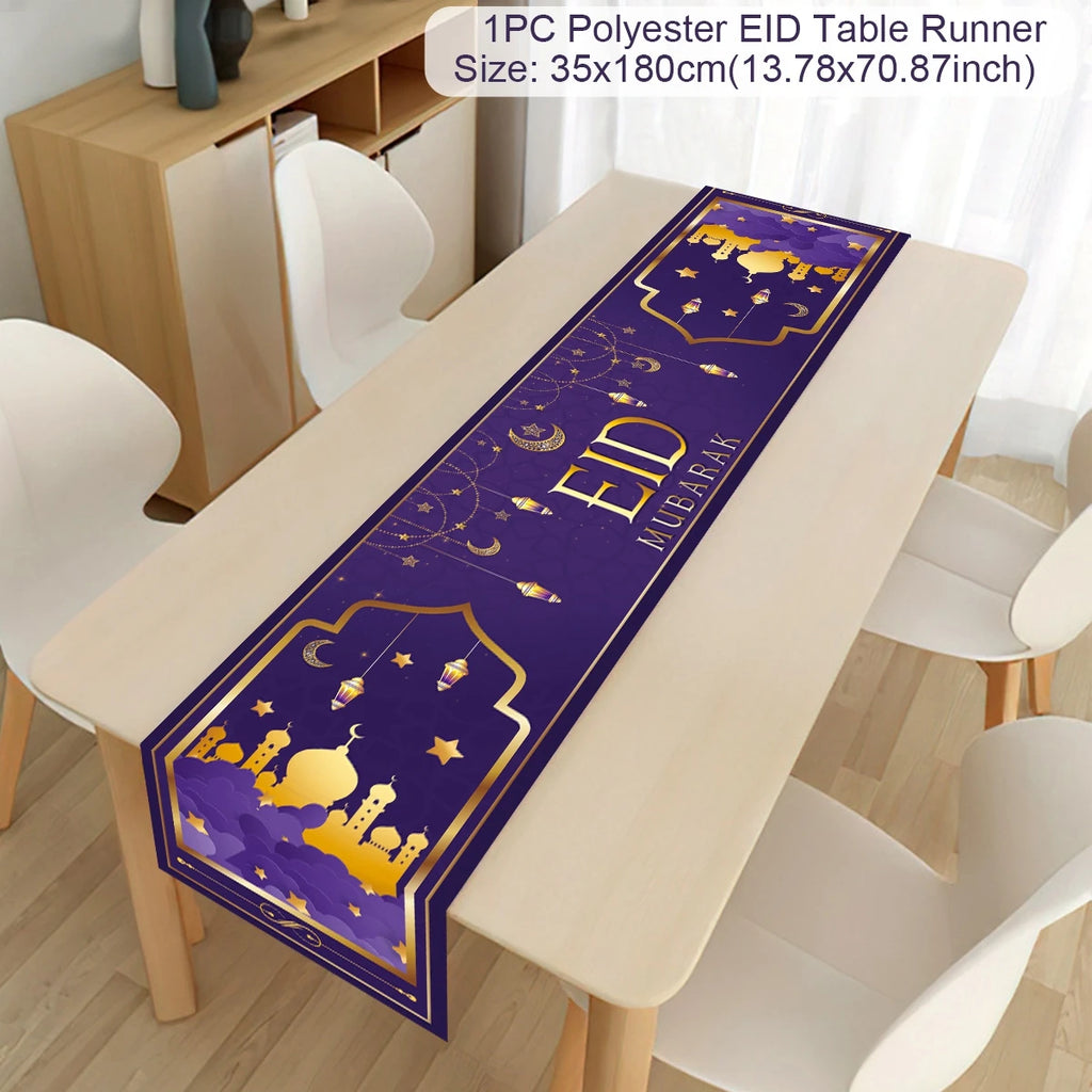 Ramadan decoration table runner with Eid Mubarak design, ideal for Islamic home Eid al-Fitr celebration tablecloth.