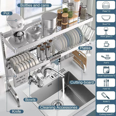Over The Sink Dish Drainer Drying Rack,3 Tier Adjustable Length (25.5'' to 37.4'') Full Stainless Steel Large Storage Kitchen SHOWLU FASHION STORE