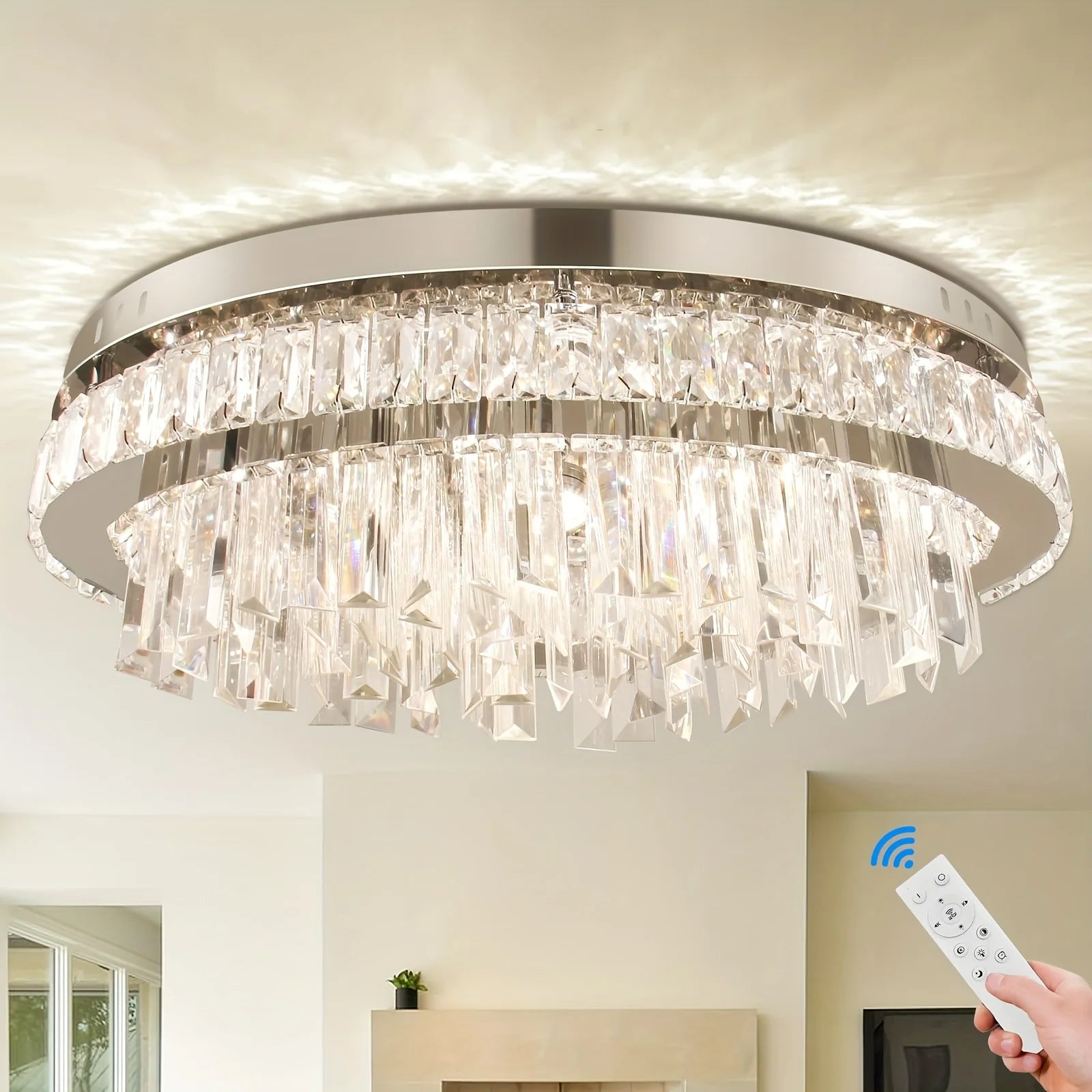 Modern Dimmable Crystal Chandeliers LED Flush Mount Ceiling Light Fixtures Oval Living Room Chandelier Stainless Steel Ceiling L