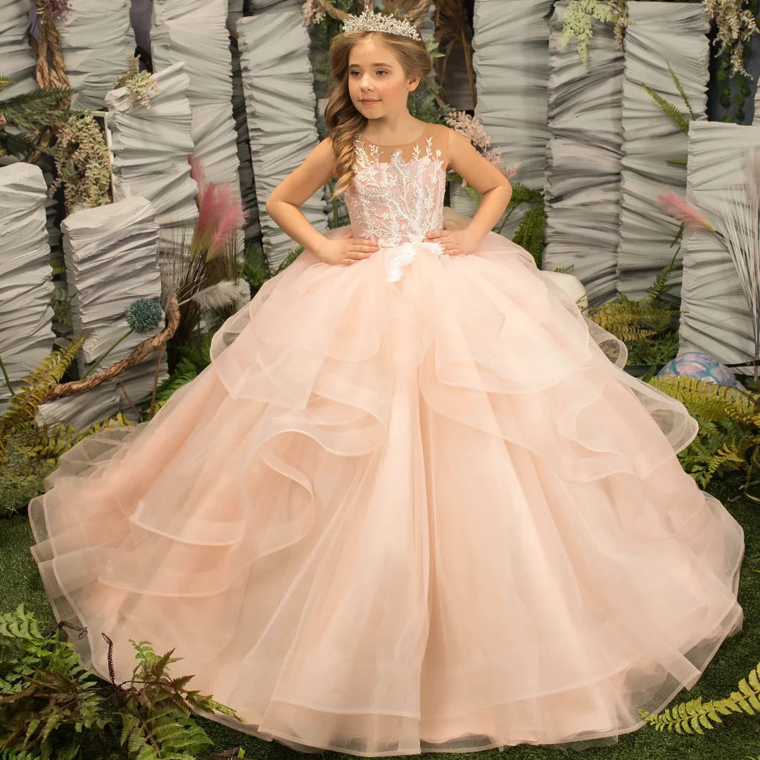 Light champagne flower girl dress by Gdybao featuring a tulle tiered ball gown for weddings, designed by Showlu Fashion Store.