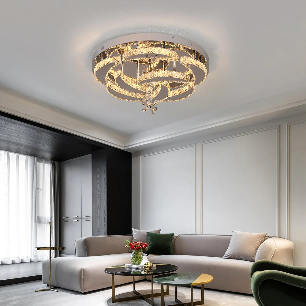 VETRULUS Modern K9 Crystal Chandelier with dimmable LED flush mount light, showcasing sparkling crystal design and sleek contemporary style.