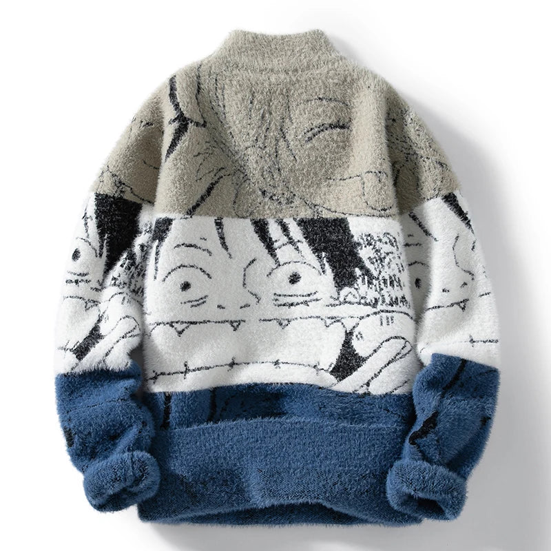 Mink plush thickened round neck men's sweater with patchwork print, long sleeves, cozy knit for autumn winter fashion.