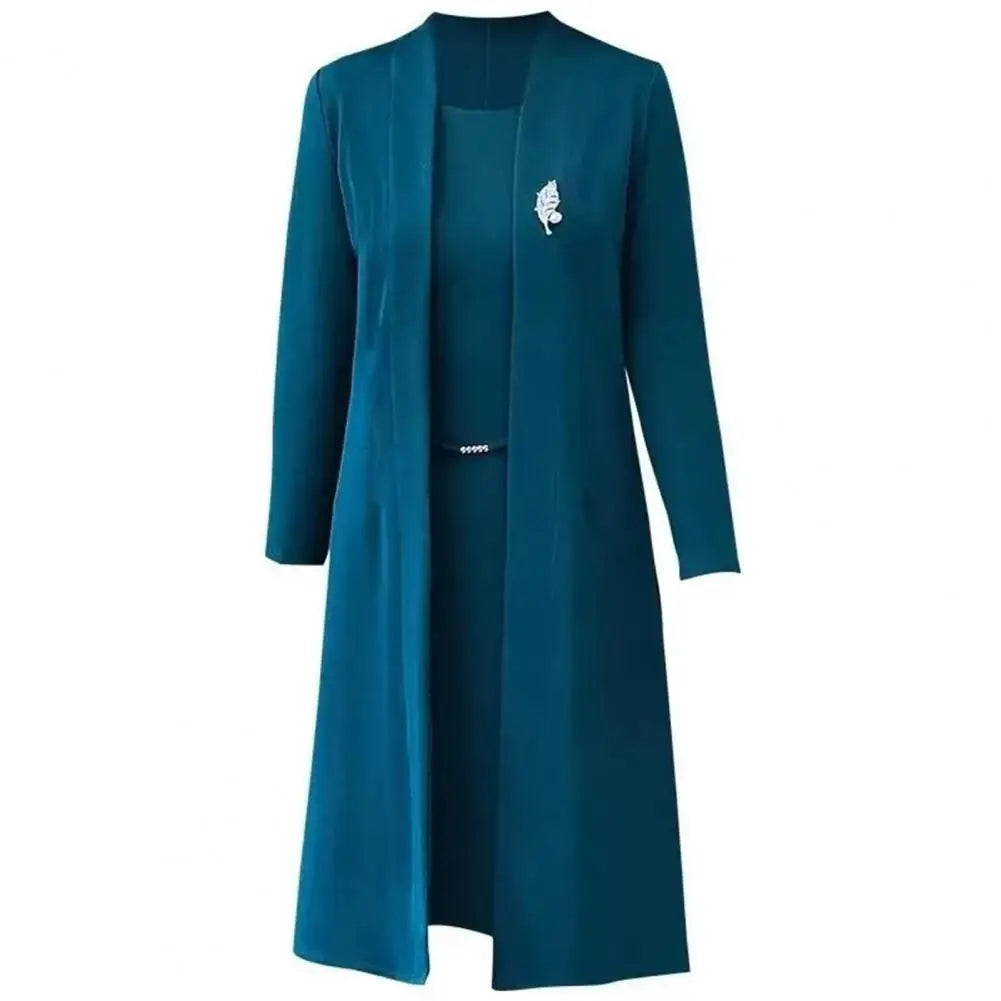 Elegant Women Outfit Tank Dress Coat Suit Spring Fall Solid Color Middle-age Ladies Long Cardigan Cape Dress Set Mom