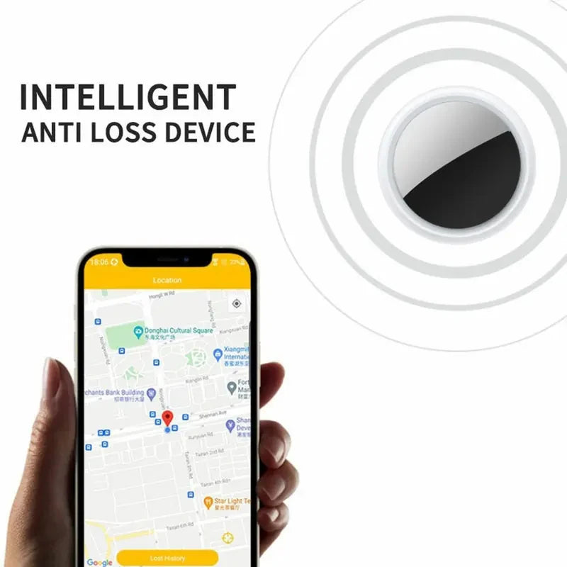 Showlu Smart Key Finder mini GPS tracker for kids, pets, and Airtags, showing compact device with keyring attachment.