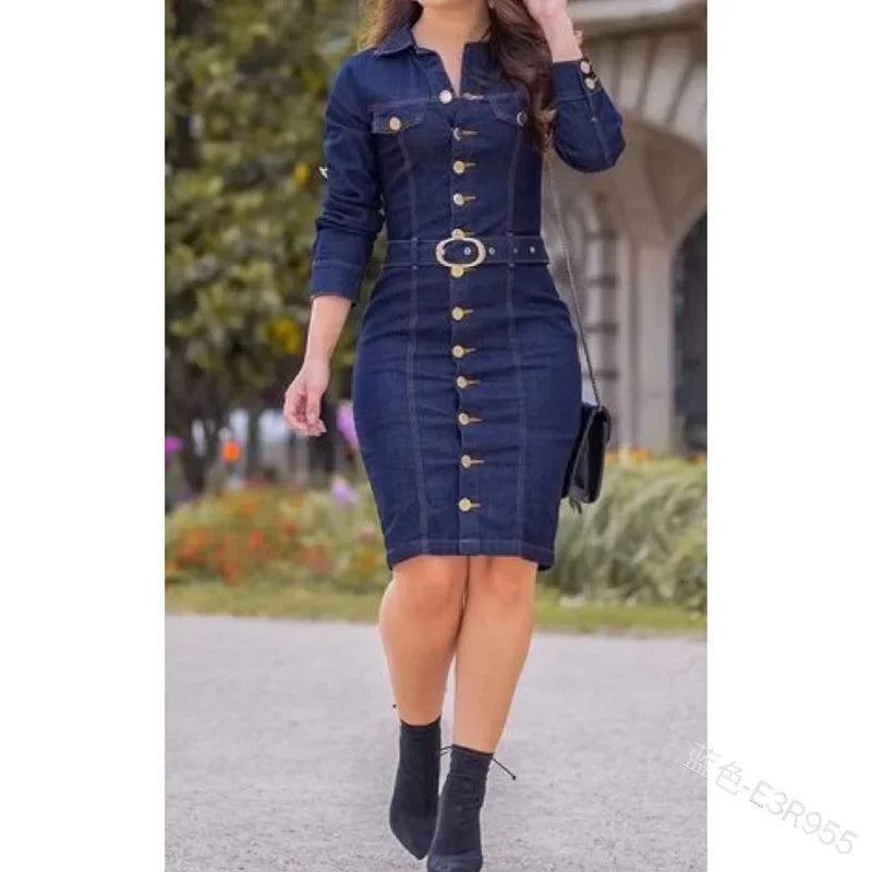 Single-Breasted Long Bodycon Dress Slim Sexy Fashion Denim Dress Multi-Button Decorative Lapel Long Sleeve Denim Muse Dress