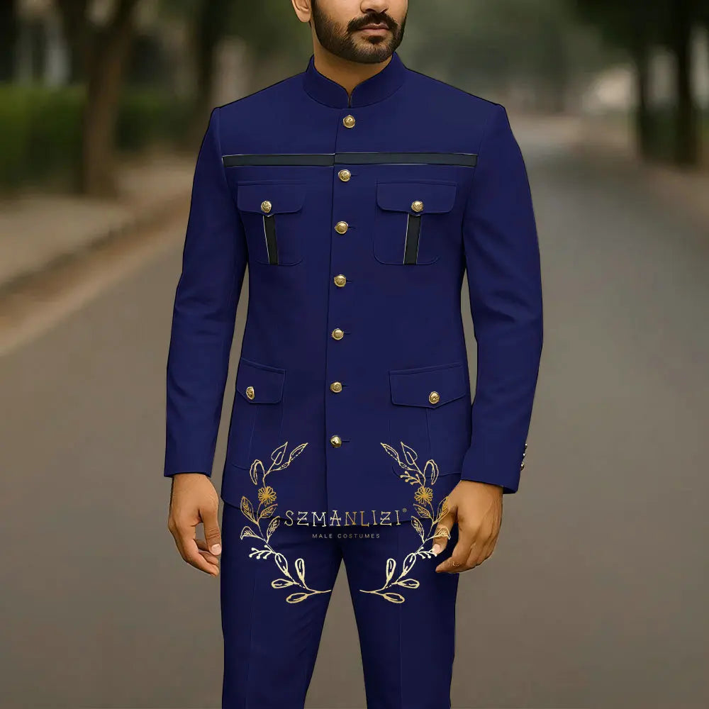 Elegant white men's suit with stand collar, single-breasted jacket and matching pants, suitable for business, formal events, or wedding.