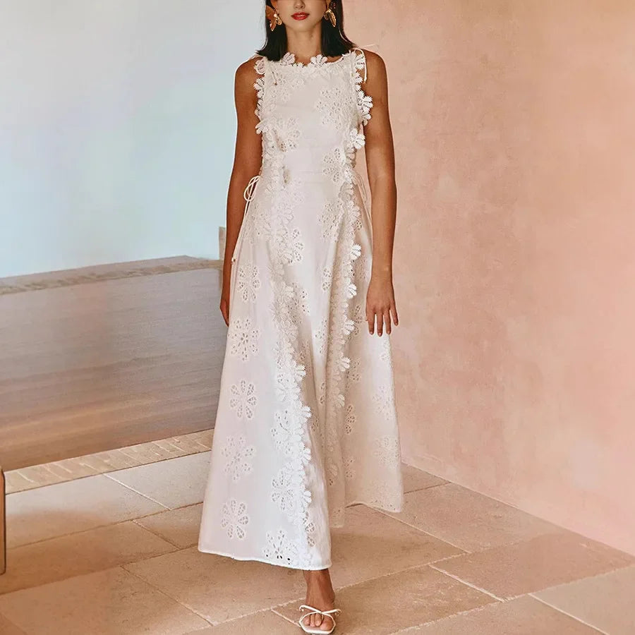 Women's lace embroidery A-line dress by SHOWLU FASHION, 2025 summer slimming mid-calf dress with elegant design.