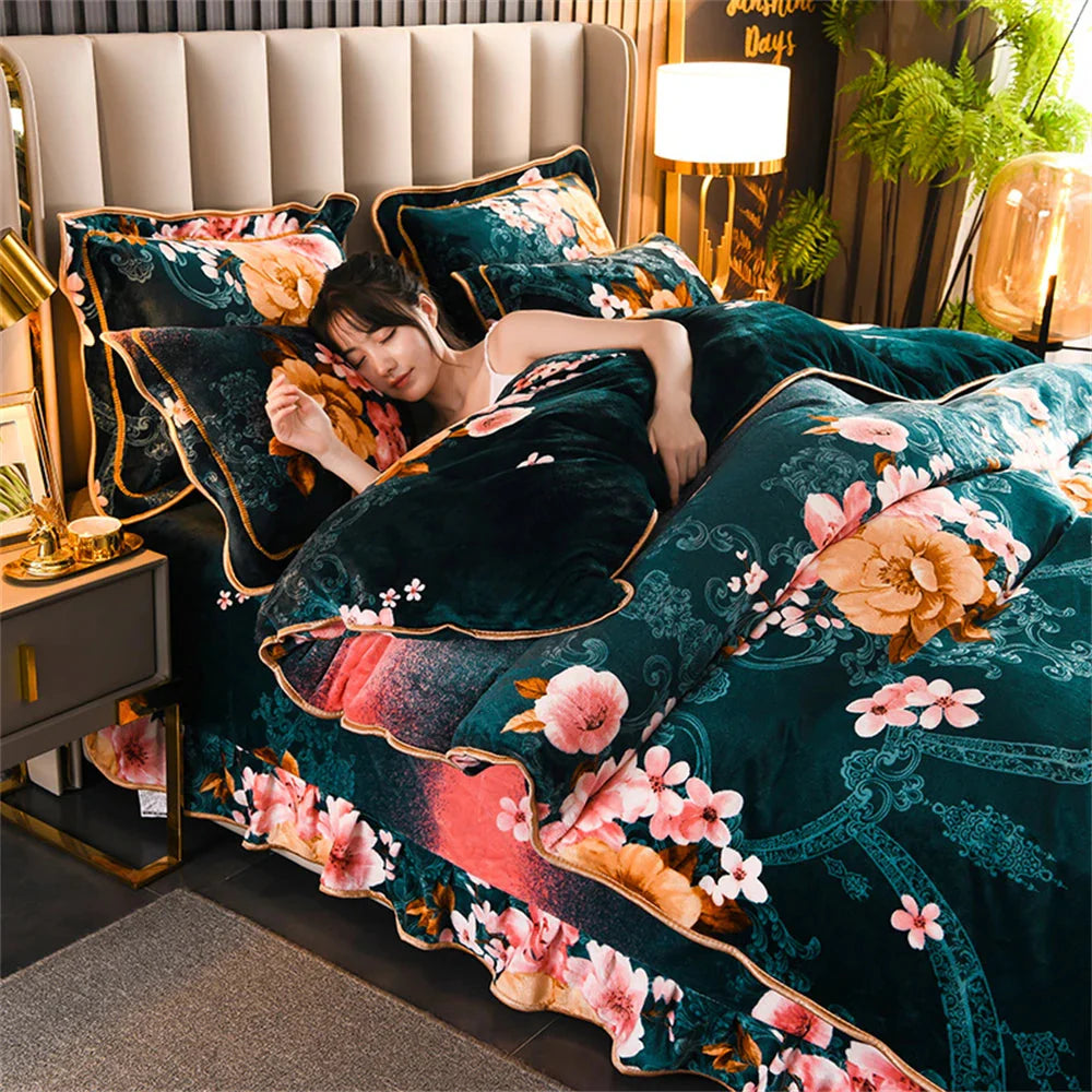 Thickened flannel bedding set with coral velvet quilt cover and pillowcases, showcasing soft, cozy fabric in a four-piece bed set.