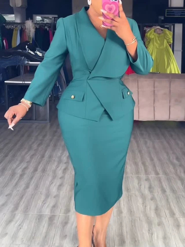 Elegant women's church dress by Showlu Fashion, featuring a turn-down collar, peplum design, suitable for business and office wear.