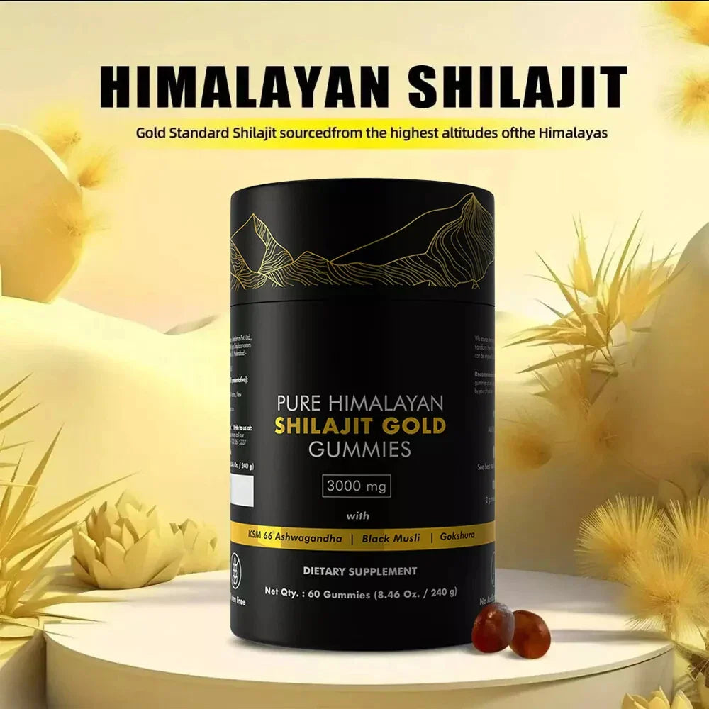 Bunkell Himalayan Shilajit Gummies with Ashwagandha and Gokshura, 3000mg, in a clear jar with gummies and herbal ingredients.