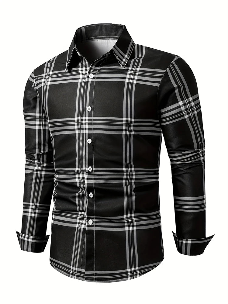 Men's long sleeve shirt with square stripe 3D print, casual animal pattern, button-down collar, autumn fashion from Showlu Fashion.