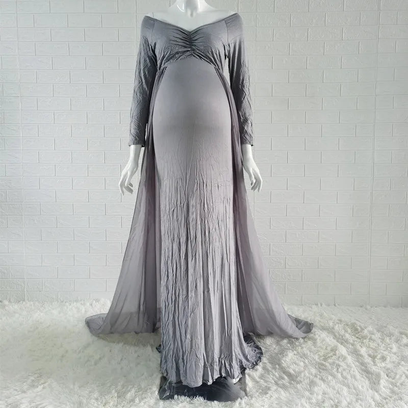 SHOWLU chiffon maternity baby shower dress with V-neck and long sleeves, elegant gown for special occasions