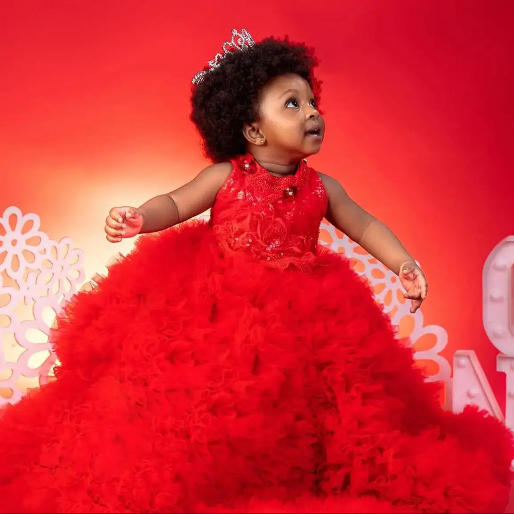 Red flower girl dress by SHOWLU FASHION STORE with sequined ruffles and ball gown style for wedding occasions.