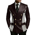 Men’s brown leather blazer with houndstooth sides, double-breasted, slim fit, gold buttons, vintage style, from Showlu Fashion Store.