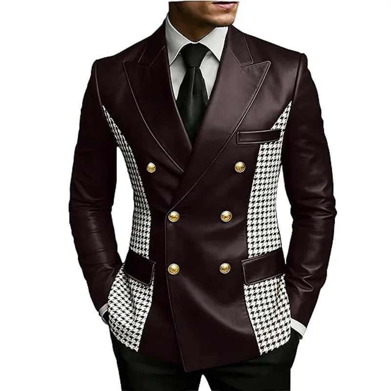 Men’s brown leather blazer with houndstooth sides, double-breasted, slim fit, gold buttons, vintage style, from Showlu Fashion Store.